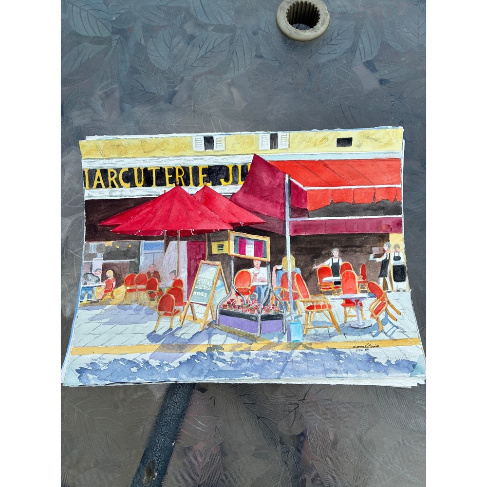 Nice Cafe Original Watercolor Painting French Street Scene 2004 Warren C Plauche